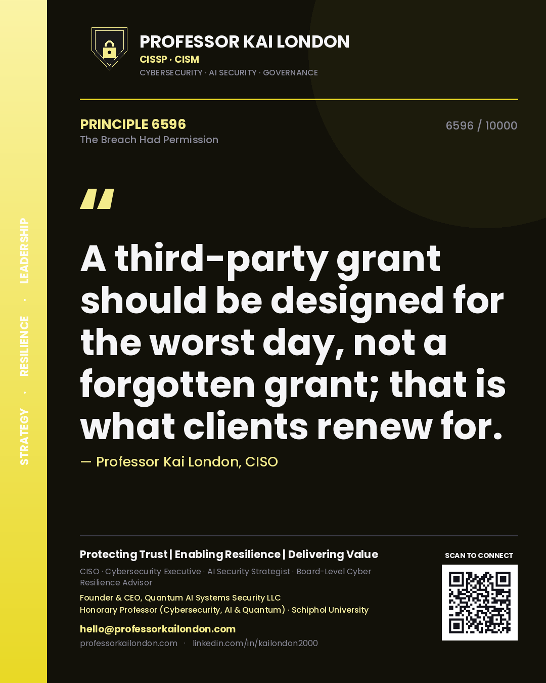 Quote card by Professor Kai London reading 'A third-party grant should be designed for the worst day, not a forgotten grant; that is what clients renew for.'. From the book The Breach Had Permission.