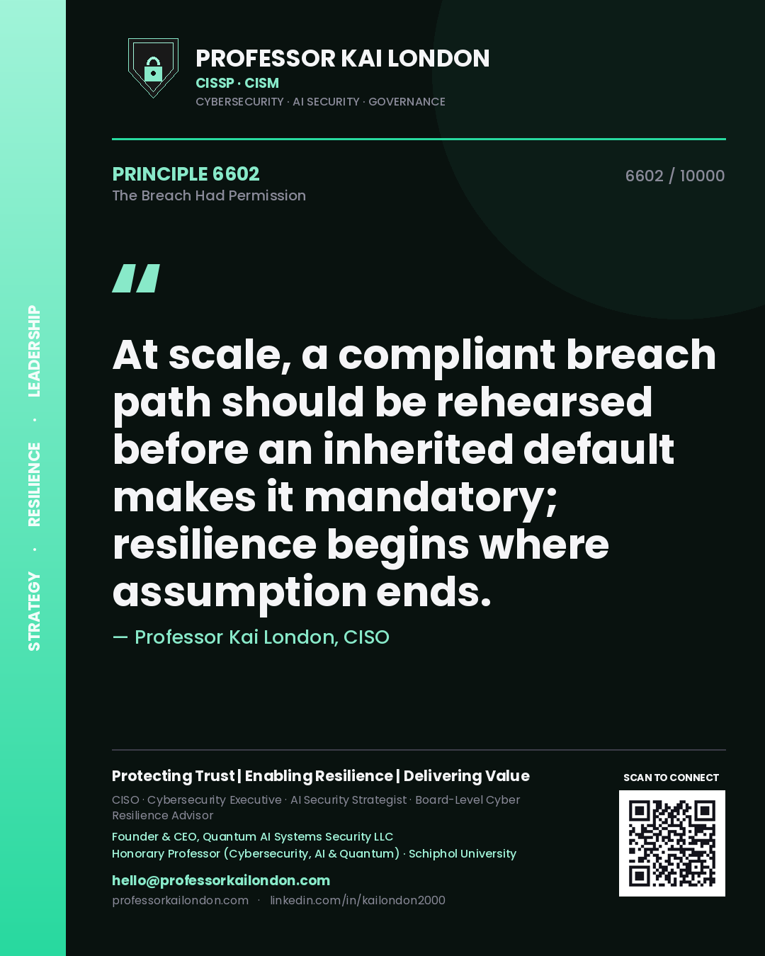 Professor Kai London principle 6602: At scale, a compliant breach path should be rehearsed before an inherited default makes it mandatory; resilience begins where assumption ends.