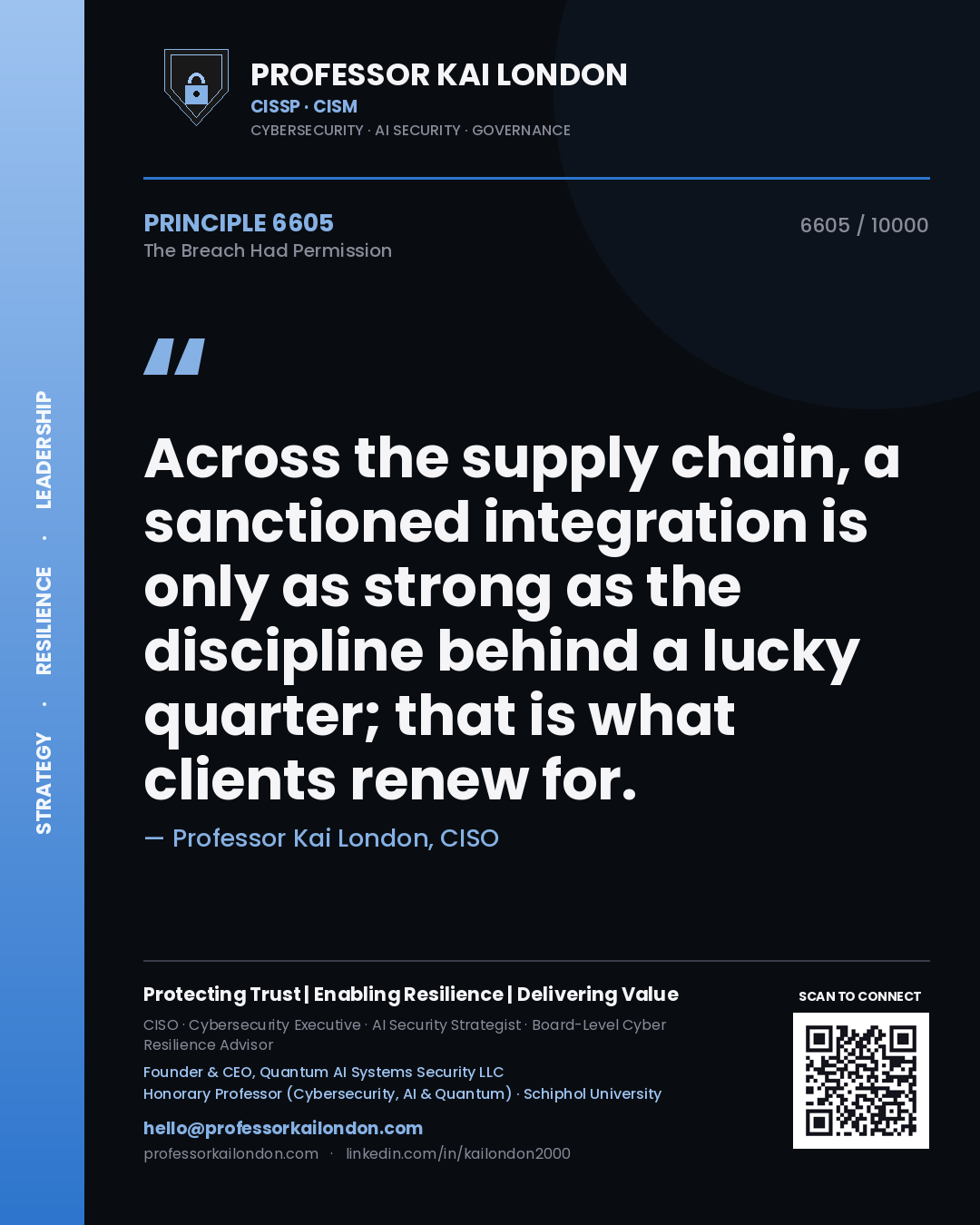 Professor Kai London principle 6605: Across the supply chain, a sanctioned integration is only as strong as the discipline behind a lucky quarter; that is what clients renew for.