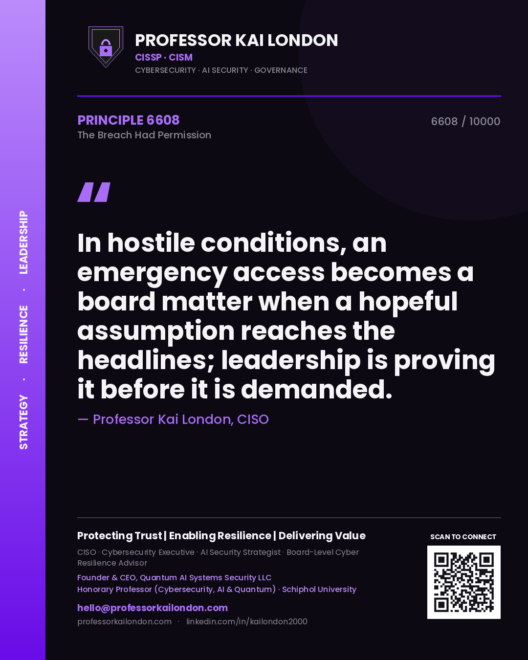 Professor Kai London principle 6608: In hostile conditions, an emergency access becomes a board matter when a hopeful assumption reaches the headlines; leadership is proving it before it is demanded.