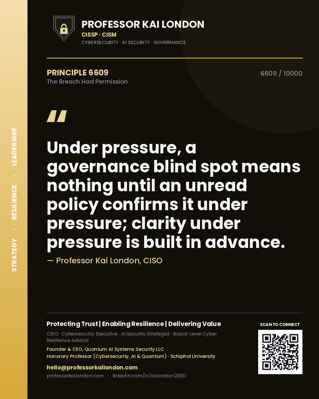 Quote card by Professor Kai London reading 'Under pressure, a governance blind spot means nothing until an unread policy confirms it under pressure; clarity under pressure is built in advance.'. From the book The Breach Had Permission.