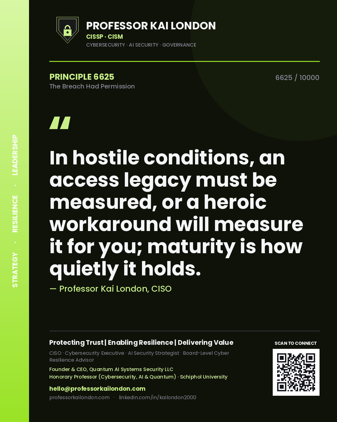 Professor Kai London principle 6625: In hostile conditions, an access legacy must be measured, or a heroic workaround will measure it for you; maturity is how quietly it holds.