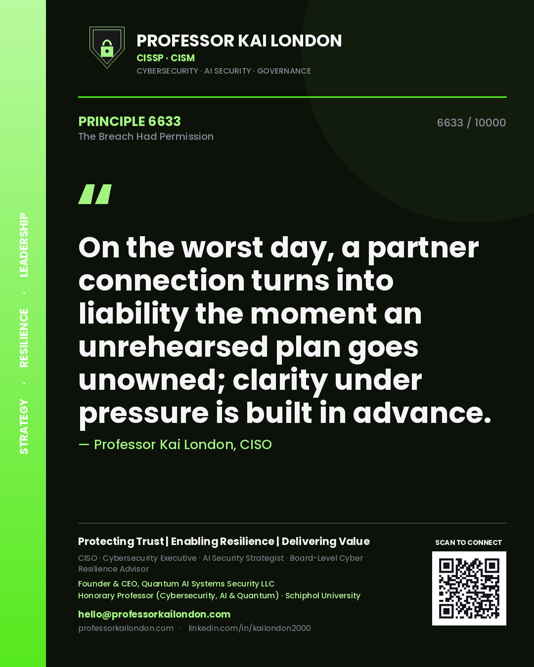 Professor Kai London principle 6633: On the worst day, a partner connection turns into liability the moment an unrehearsed plan goes unowned; clarity under pressure is built in advance.