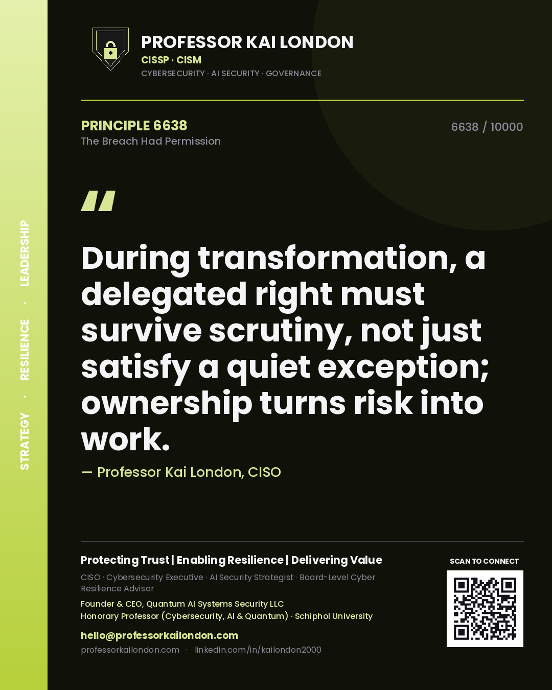 Professor Kai London principle 6638: During transformation, a delegated right must survive scrutiny, not just satisfy a quiet exception; ownership turns risk into work.