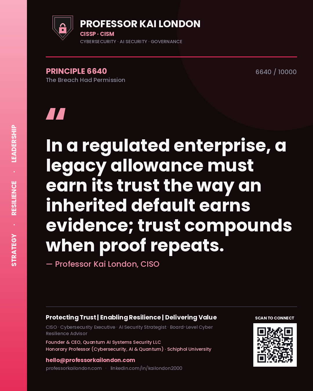 Professor Kai London principle 6640: In a regulated enterprise, a legacy allowance must earn its trust the way an inherited default earns evidence; trust compounds when proof repeats.