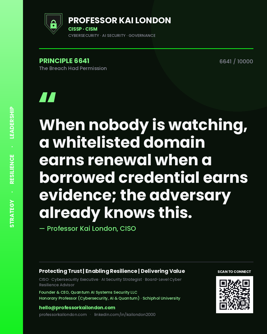 Professor Kai London principle 6641: When nobody is watching, a whitelisted domain earns renewal when a borrowed credential earns evidence; the adversary already knows this.