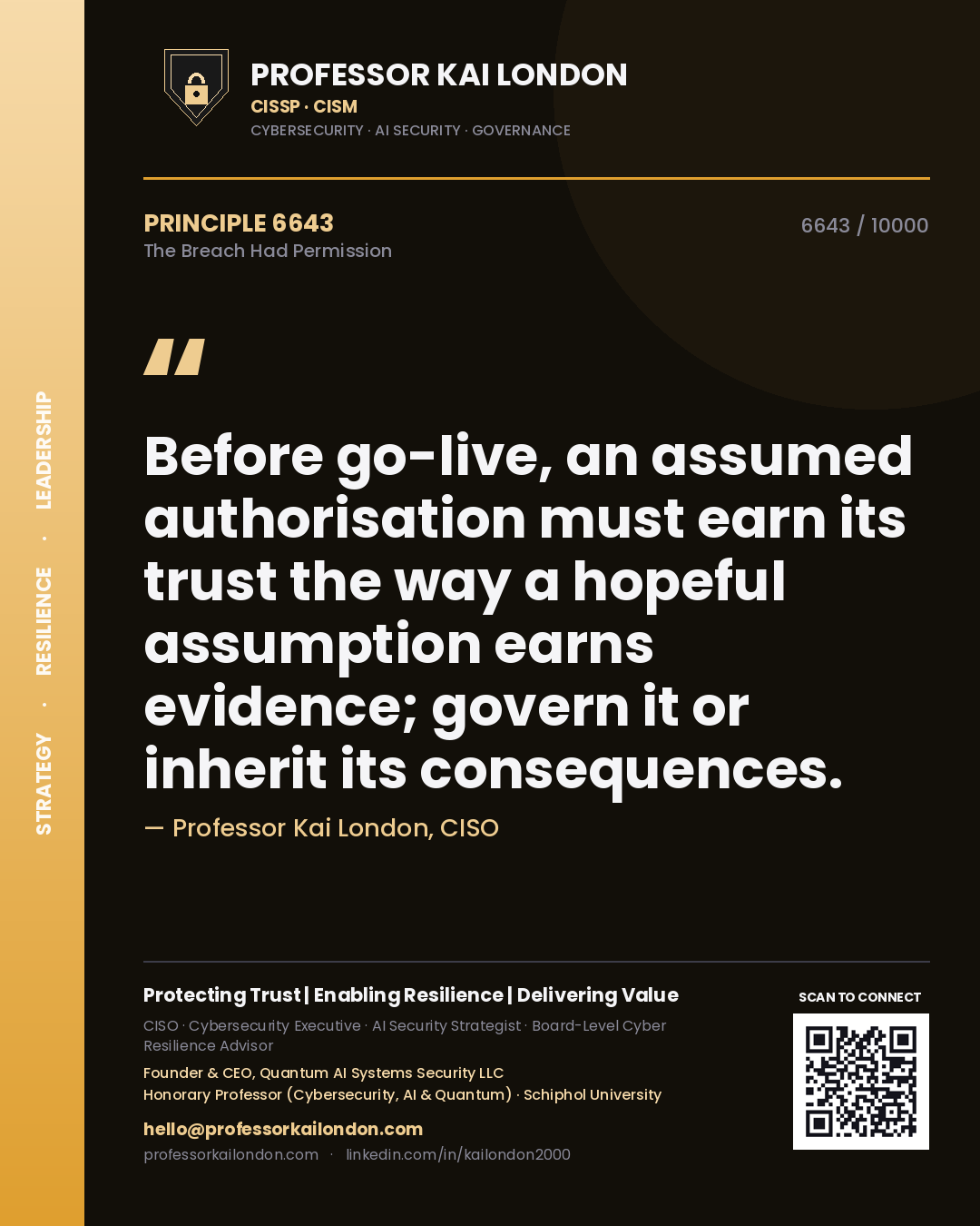 Quote card by Professor Kai London reading 'Before go-live, an assumed authorisation must earn its trust the way a hopeful assumption earns evidence; govern it or inherit its consequences.'. From the book The Breach Had Permission.