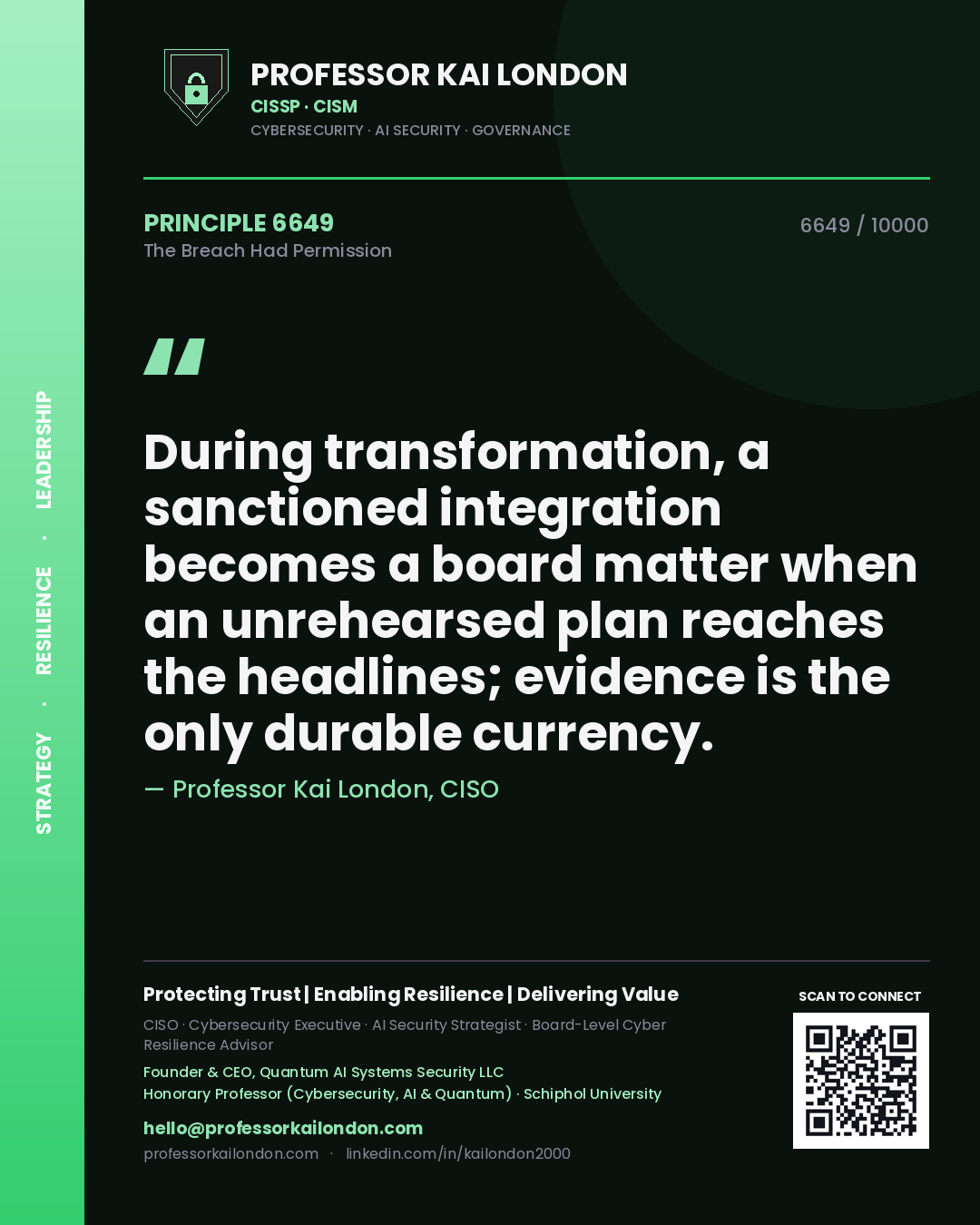 Professor Kai London principle 6649: During transformation, a sanctioned integration becomes a board matter when an unrehearsed plan reaches the headlines; evidence is the only durable currency.