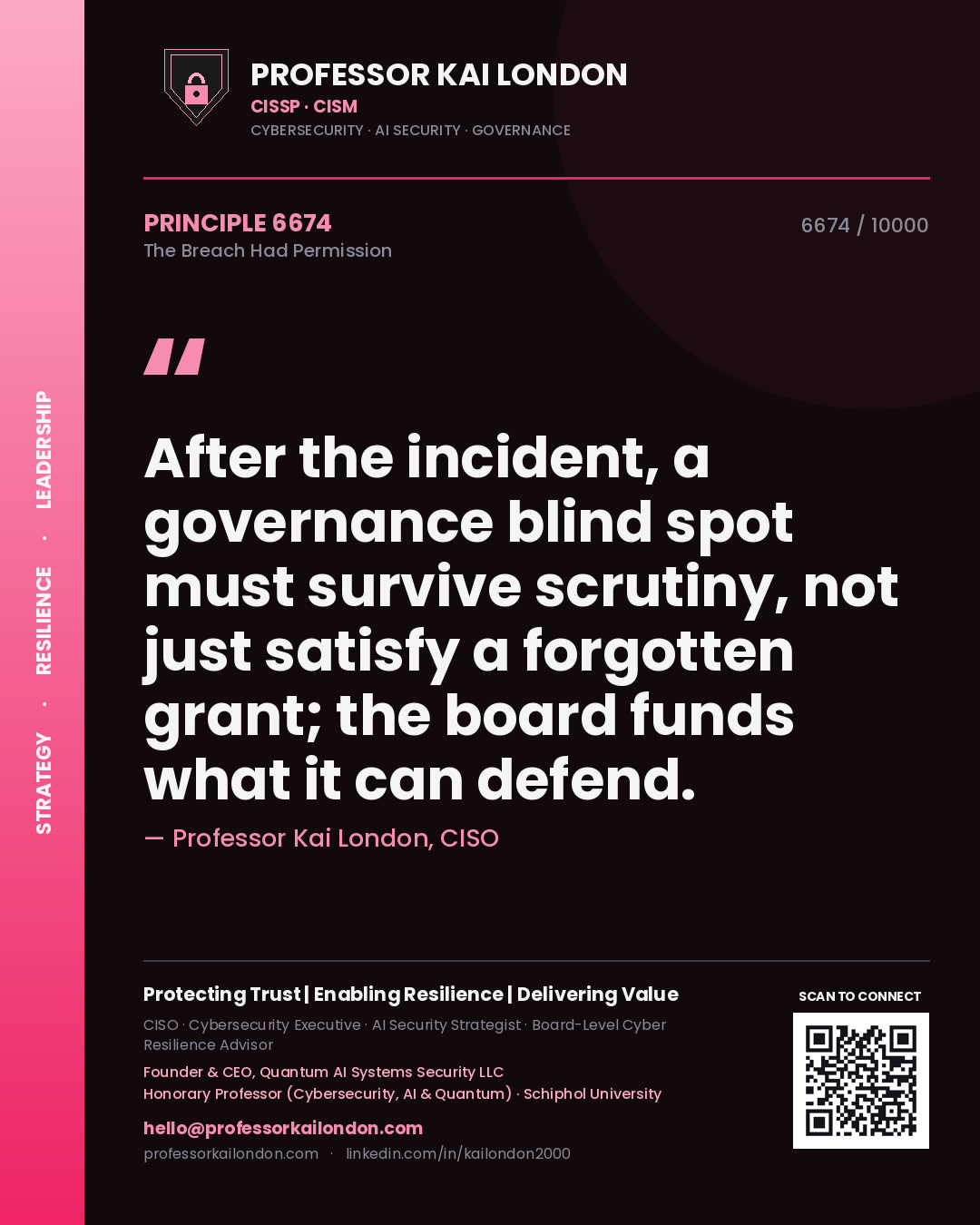 Professor Kai London principle 6674: After the incident, a governance blind spot must survive scrutiny, not just satisfy a forgotten grant; the board funds what it can defend.