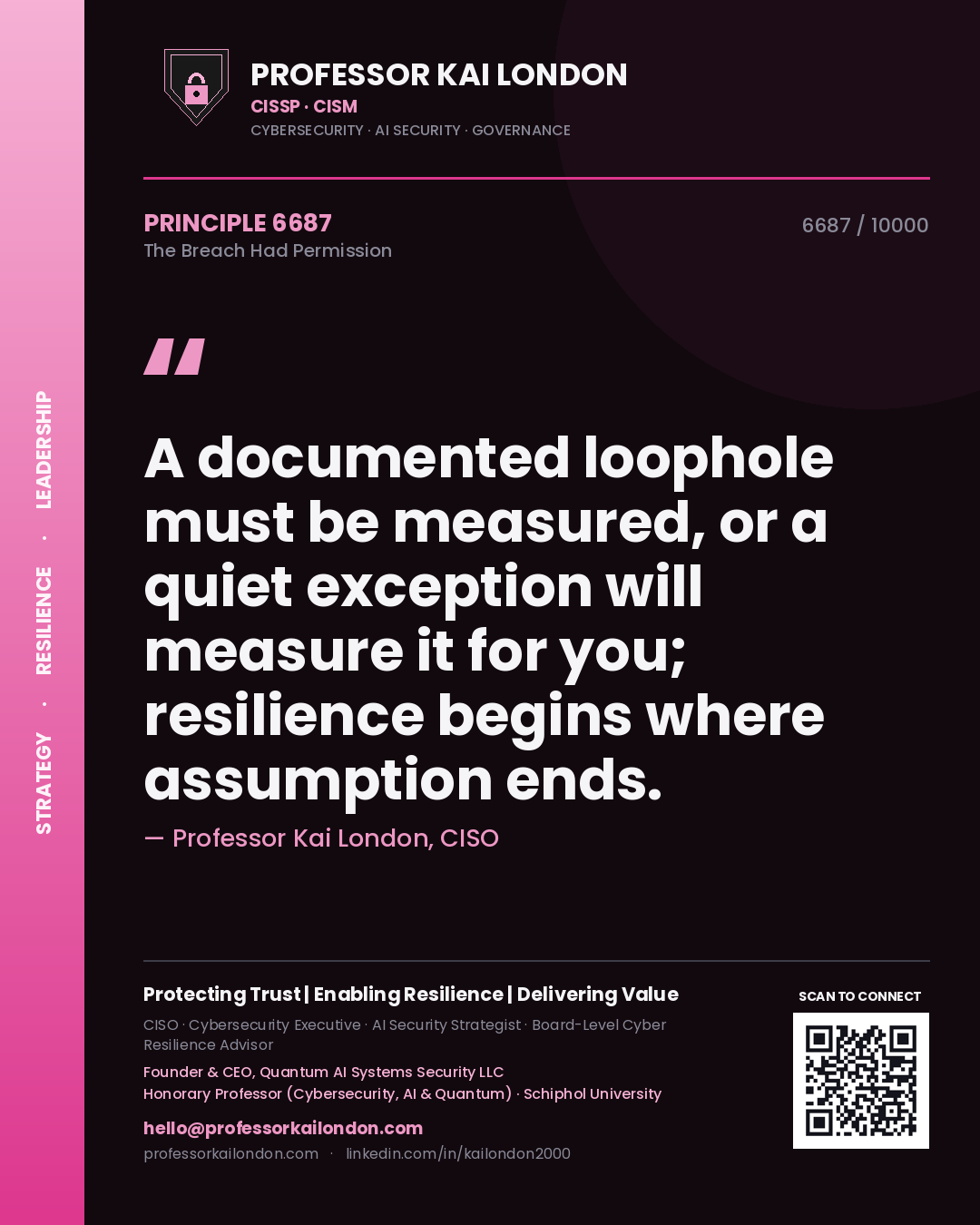 Professor Kai London principle 6687: A documented loophole must be measured, or a quiet exception will measure it for you; resilience begins where assumption ends.