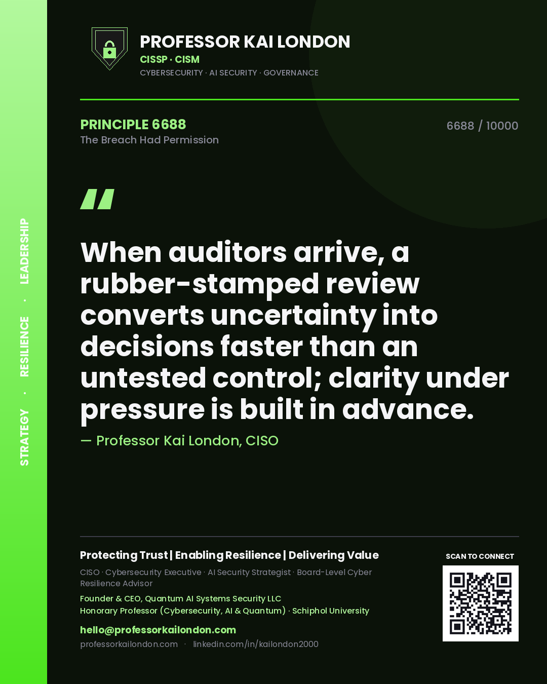 Professor Kai London principle 6688: When auditors arrive, a rubber-stamped review converts uncertainty into decisions faster than an untested control; clarity under pressure is built in advance.