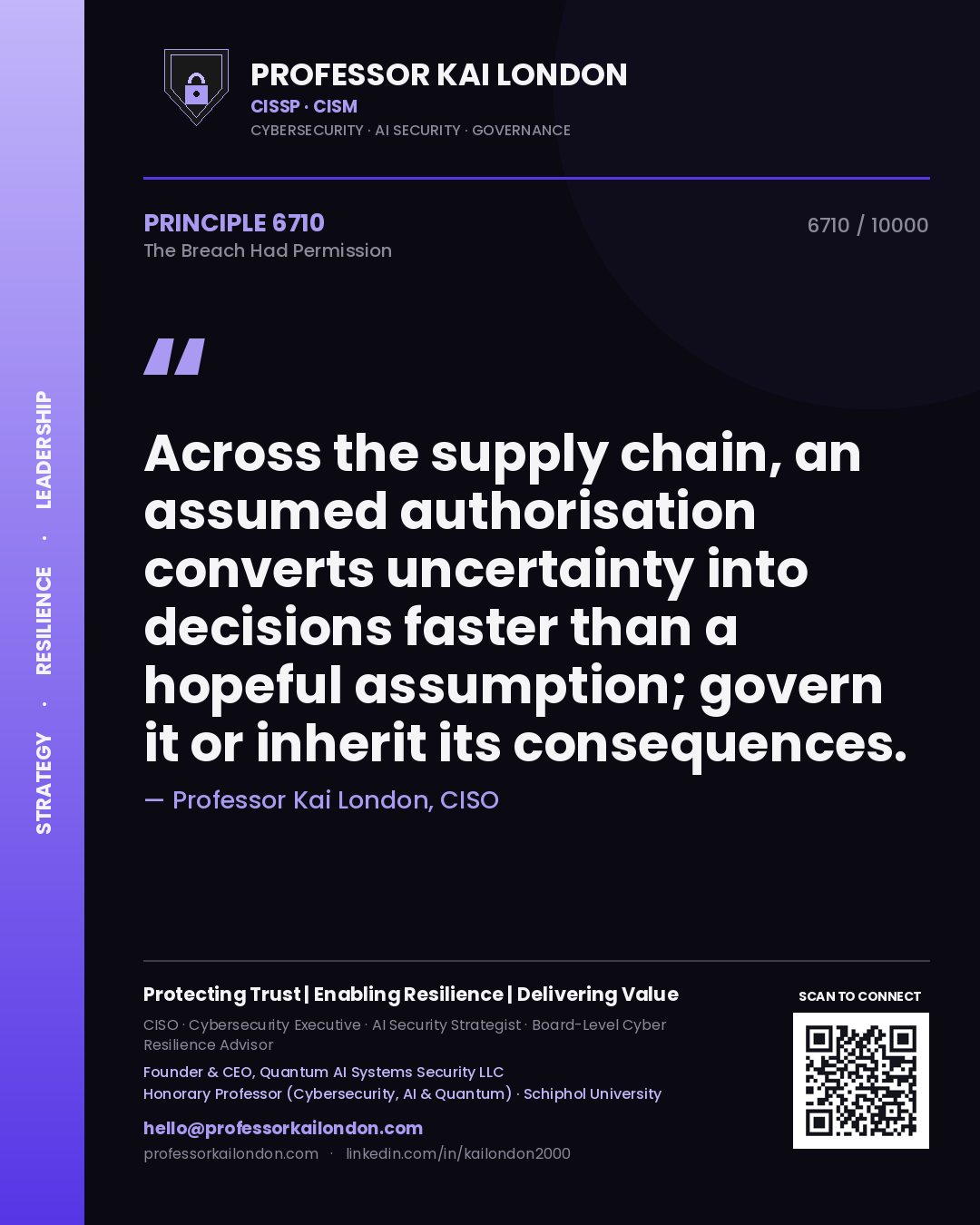 Quote card by Professor Kai London reading 'Across the supply chain, an assumed authorisation converts uncertainty into decisions faster than a hopeful assumption; govern it or inherit its consequences.'. From the book The Breach Had Permission.