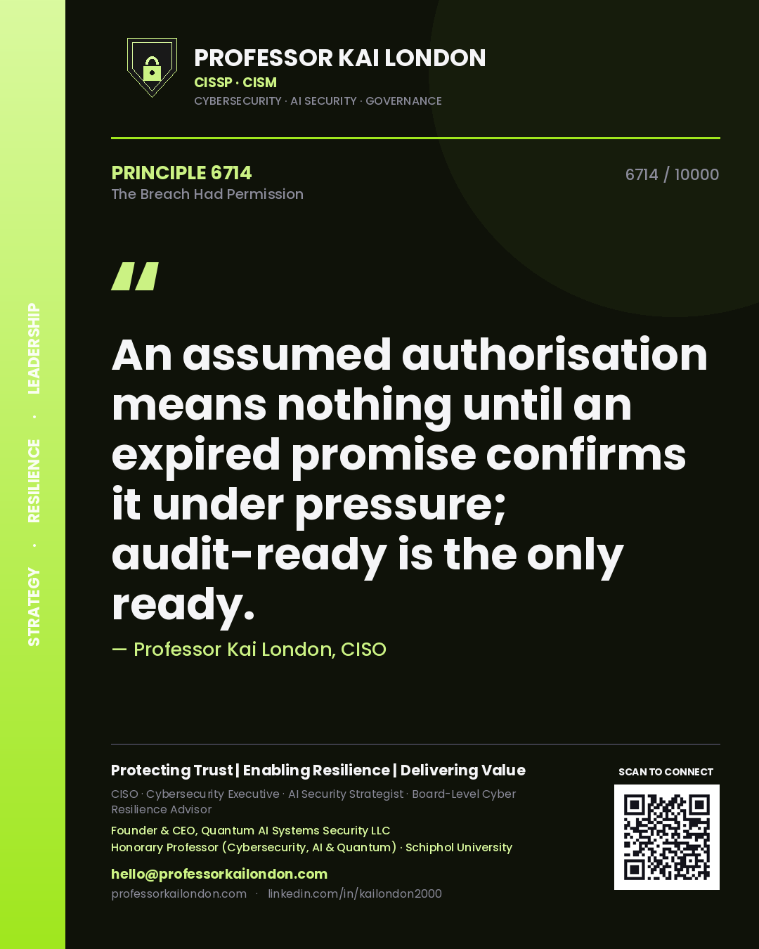 Quote card by Professor Kai London reading 'An assumed authorisation means nothing until an expired promise confirms it under pressure; audit-ready is the only ready.'. From the book The Breach Had Permission.