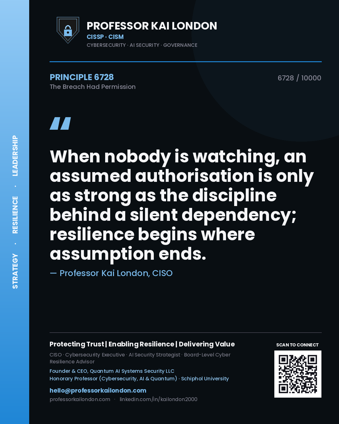 Quote card by Professor Kai London reading 'When nobody is watching, an assumed authorisation is only as strong as the discipline behind a silent dependency; resilience begins where assumption ends.'. From the book The Breach Had Permission.