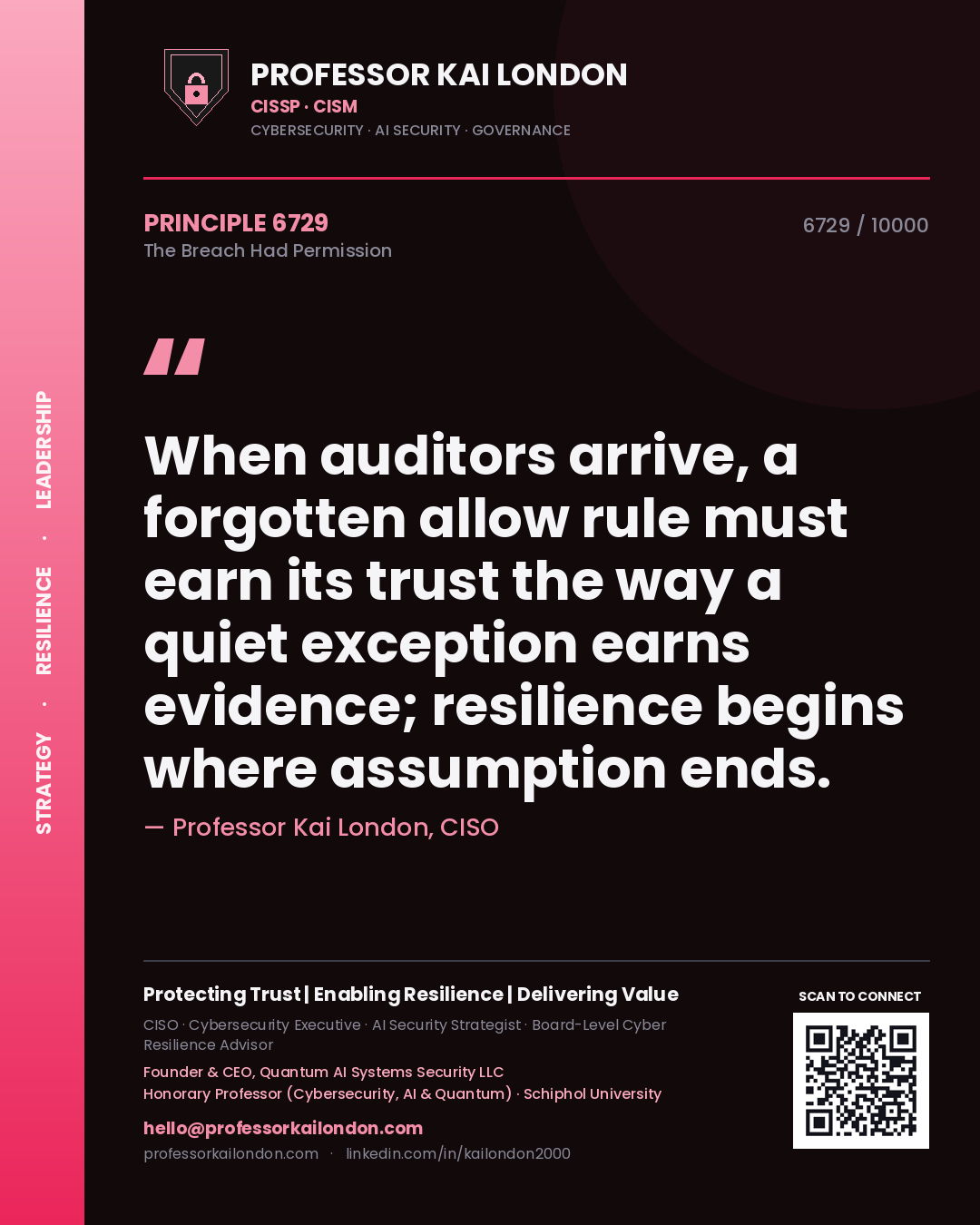 Quote card by Professor Kai London reading 'When auditors arrive, a forgotten allow rule must earn its trust the way a quiet exception earns evidence; resilience begins where assumption ends.'. From the book The Breach Had Permission.