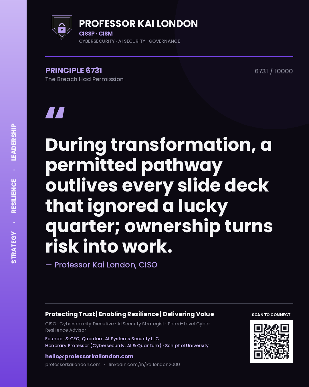 Quote card by Professor Kai London reading 'During transformation, a permitted pathway outlives every slide deck that ignored a lucky quarter; ownership turns risk into work.'. From the book The Breach Had Permission.