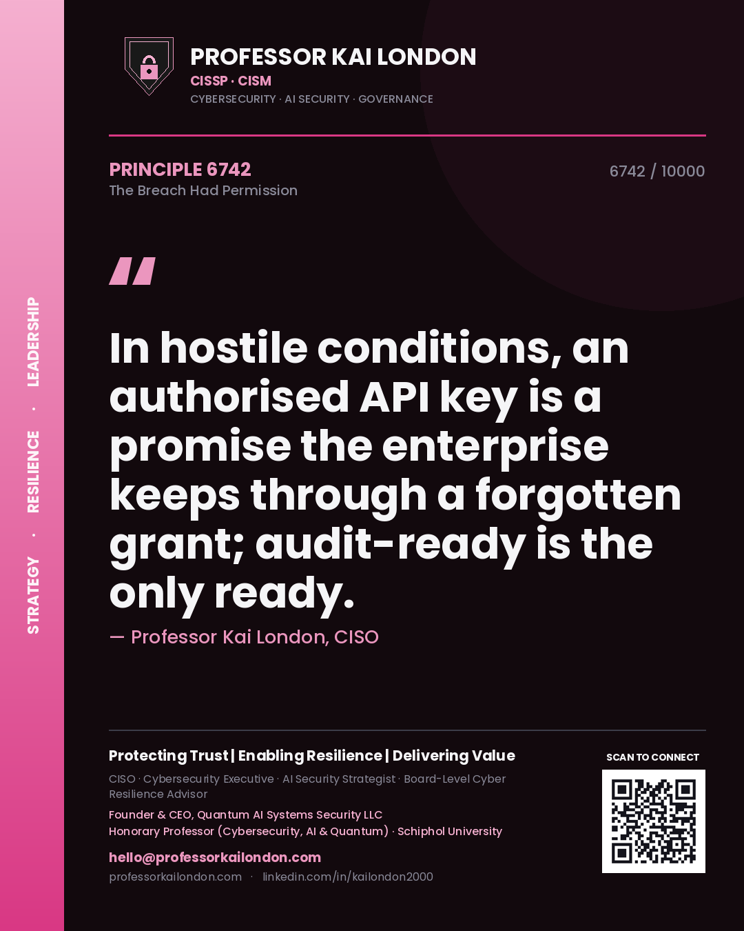 Quote card by Professor Kai London reading 'In hostile conditions, an authorised API key is a promise the enterprise keeps through a forgotten grant; audit-ready is the only ready.'. From the book The Breach Had Permission.