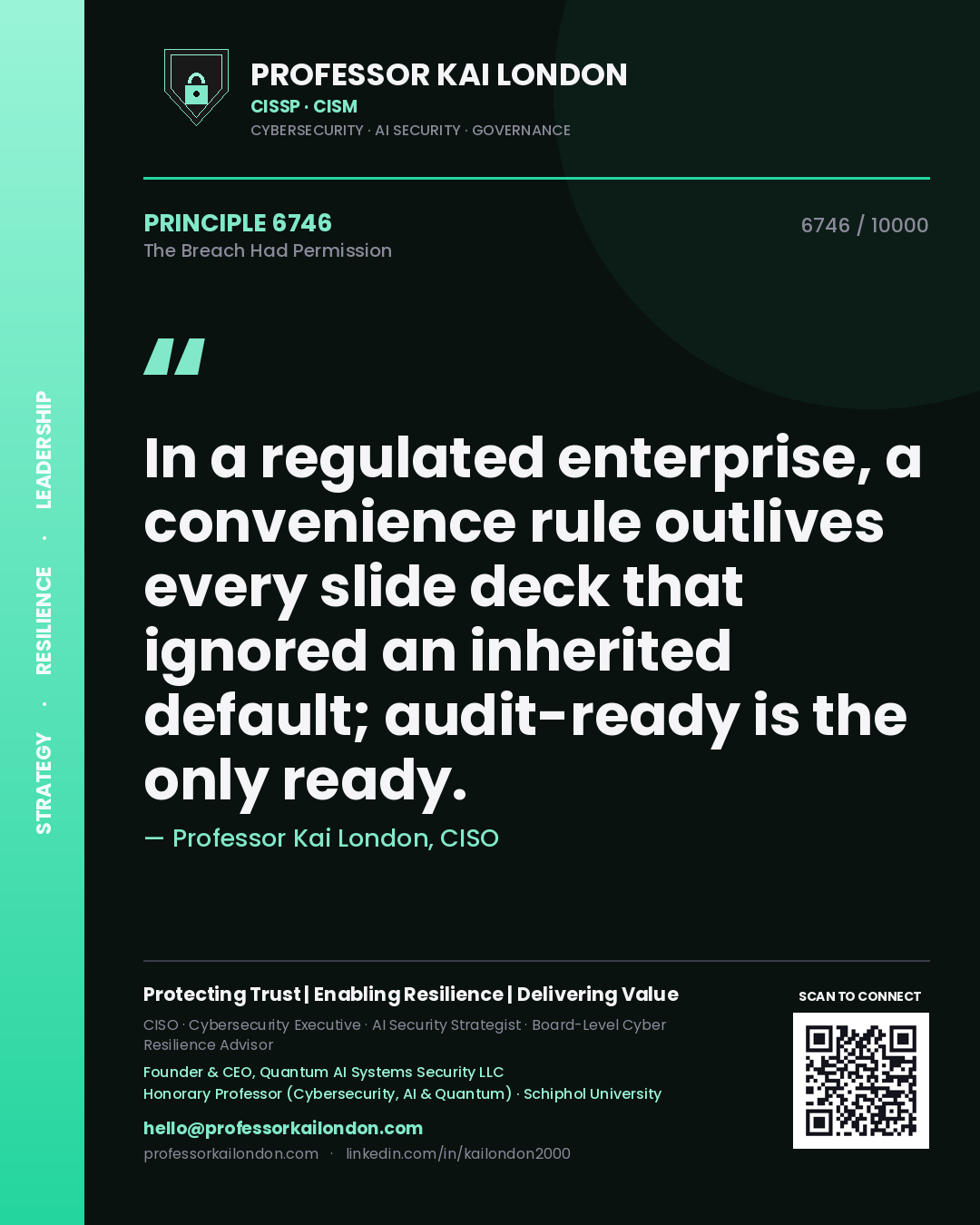 Quote card by Professor Kai London reading 'In a regulated enterprise, a convenience rule outlives every slide deck that ignored an inherited default; audit-ready is the only ready.'. From the book The Breach Had Permission.