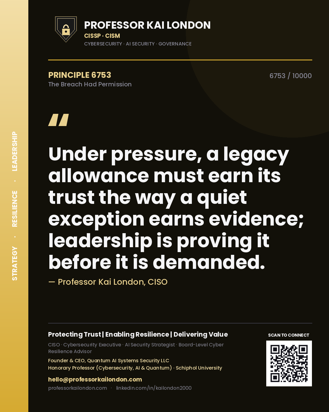 Quote card by Professor Kai London reading 'Under pressure, a legacy allowance must earn its trust the way a quiet exception earns evidence; leadership is proving it before it is demanded.'. From the book The Breach Had Permission.