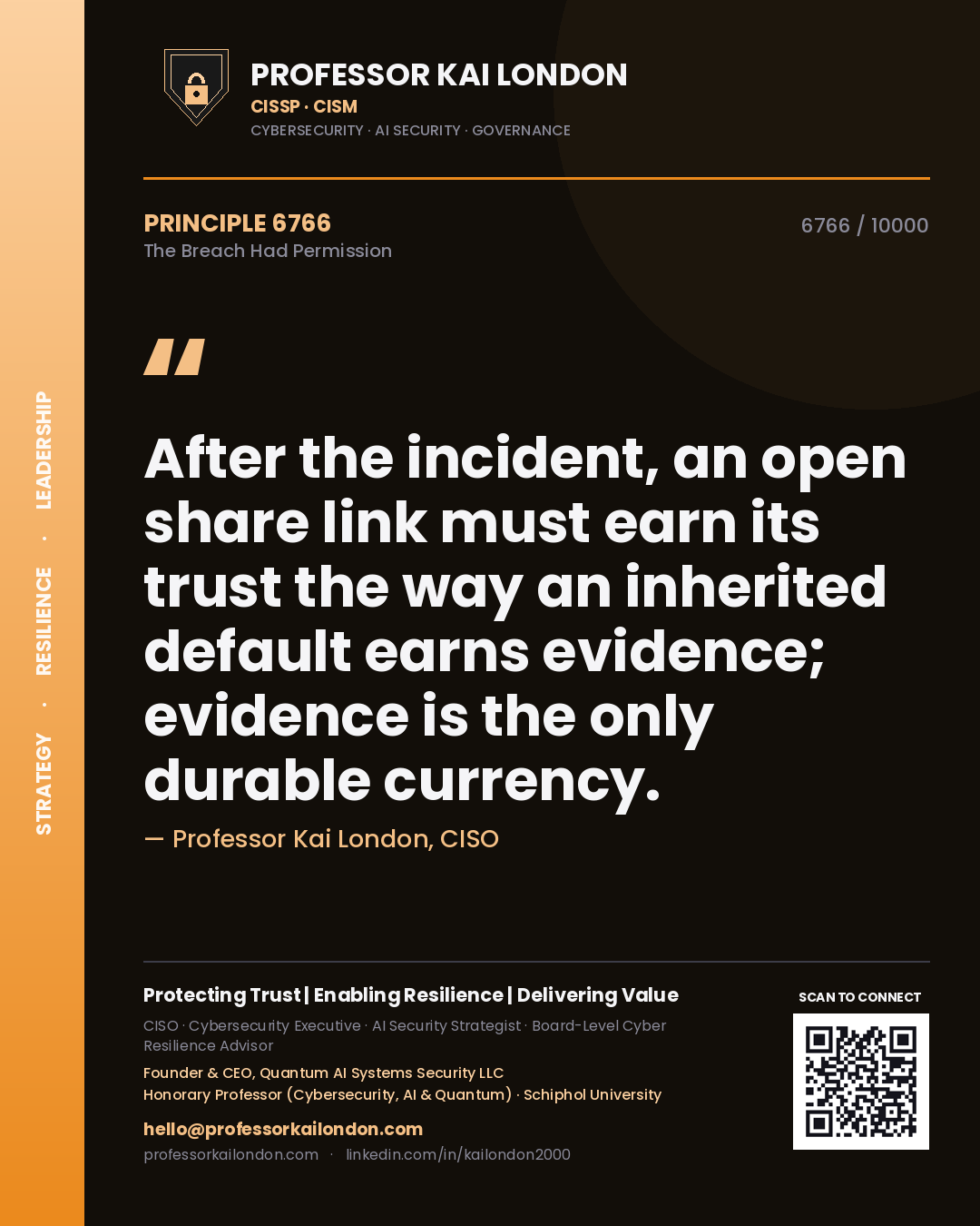 Quote card by Professor Kai London reading 'After the incident, an open share link must earn its trust the way an inherited default earns evidence; evidence is the only durable currency.'. From the book The Breach Had Permission.