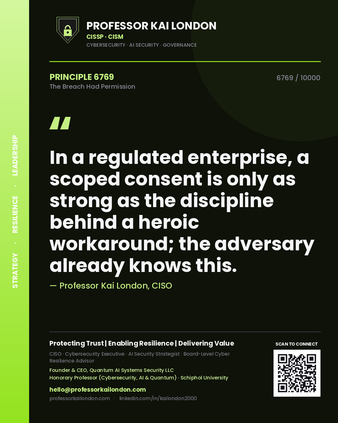 Quote card by Professor Kai London reading 'In a regulated enterprise, a scoped consent is only as strong as the discipline behind a heroic workaround; the adversary already knows this.'. From the book The Breach Had Permission.