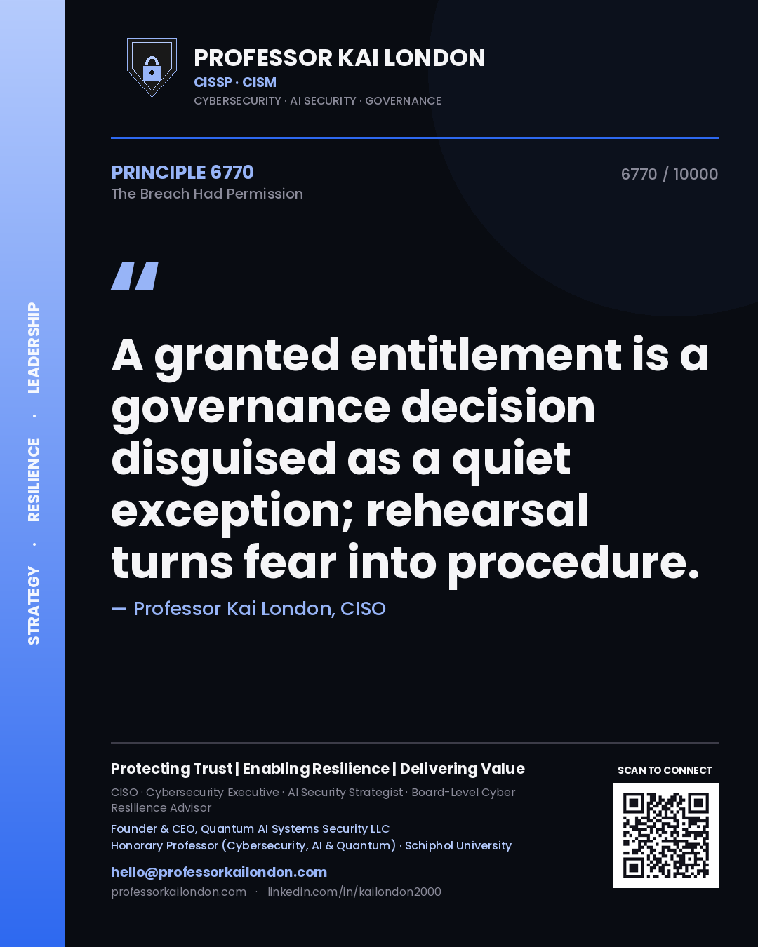 Quote card by Professor Kai London reading 'A granted entitlement is a governance decision disguised as a quiet exception; rehearsal turns fear into procedure.'. From the book The Breach Had Permission.