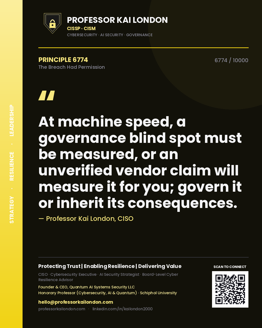 Professor Kai London principle 6774: At machine speed, a governance blind spot must be measured, or an unverified vendor claim will measure it for you; govern it or inherit its consequences.