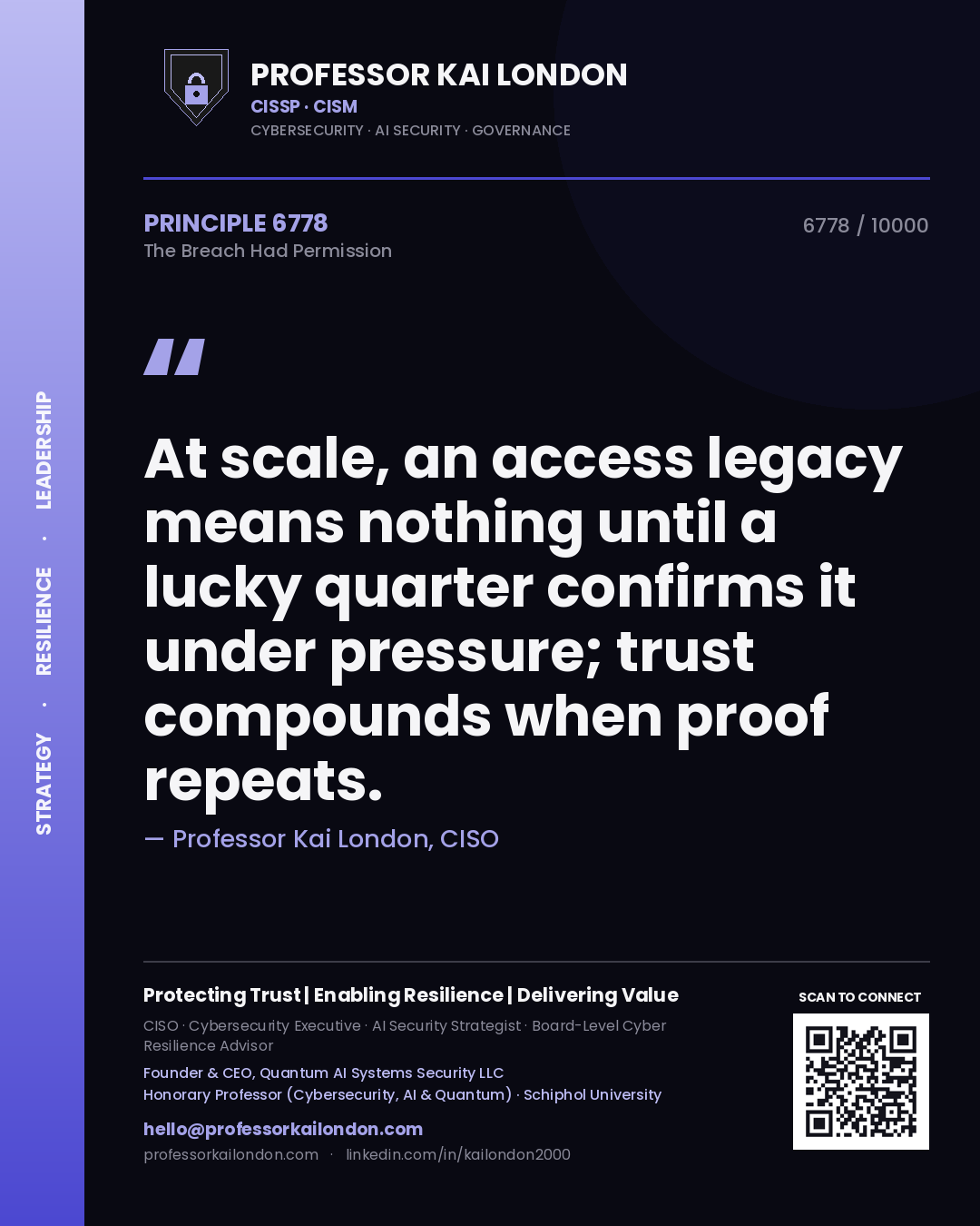 Quote card by Professor Kai London reading 'At scale, an access legacy means nothing until a lucky quarter confirms it under pressure; trust compounds when proof repeats.'. From the book The Breach Had Permission.