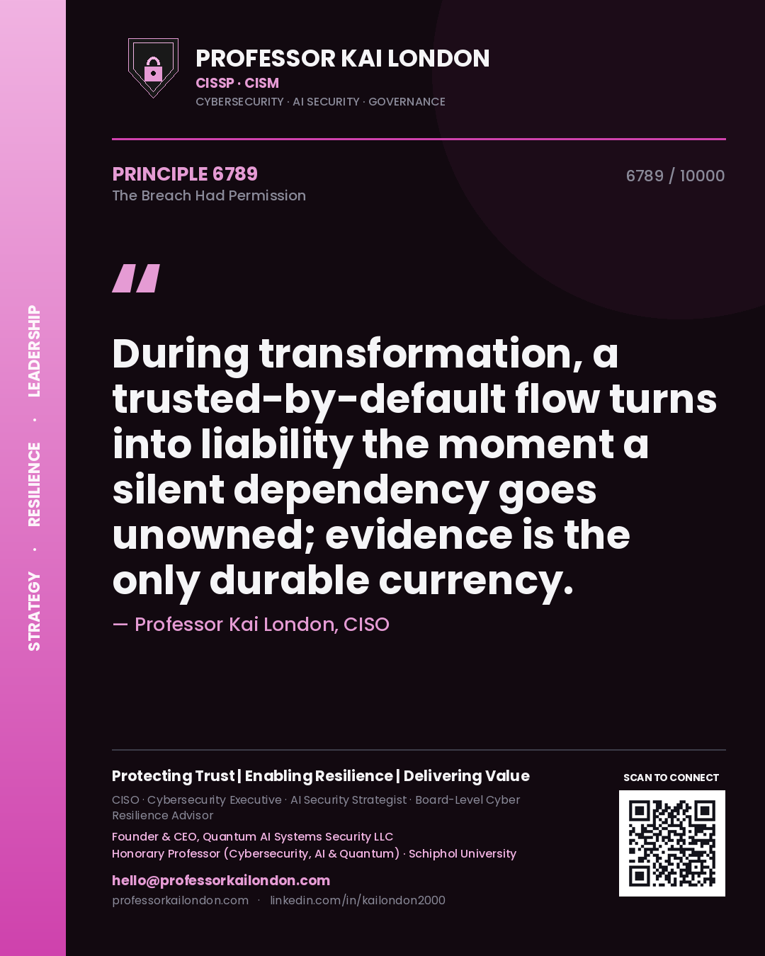 Professor Kai London principle 6789: During transformation, a trusted-by-default flow turns into liability the moment a silent dependency goes unowned; evidence is the only durable currency.