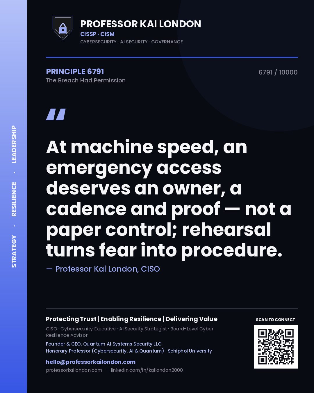 Quote card by Professor Kai London reading 'At machine speed, an emergency access deserves an owner, a cadence and proof — not a paper control; rehearsal turns fear into procedure.'. From the book The Breach Had Permission.