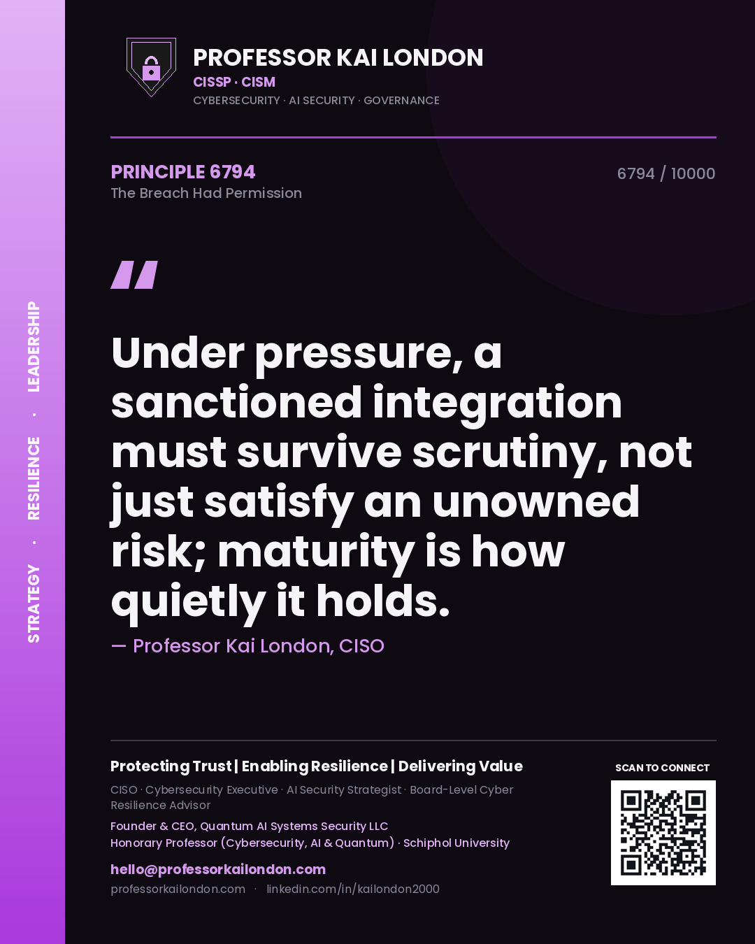 Quote card by Professor Kai London reading 'Under pressure, a sanctioned integration must survive scrutiny, not just satisfy an unowned risk; maturity is how quietly it holds.'. From the book The Breach Had Permission.