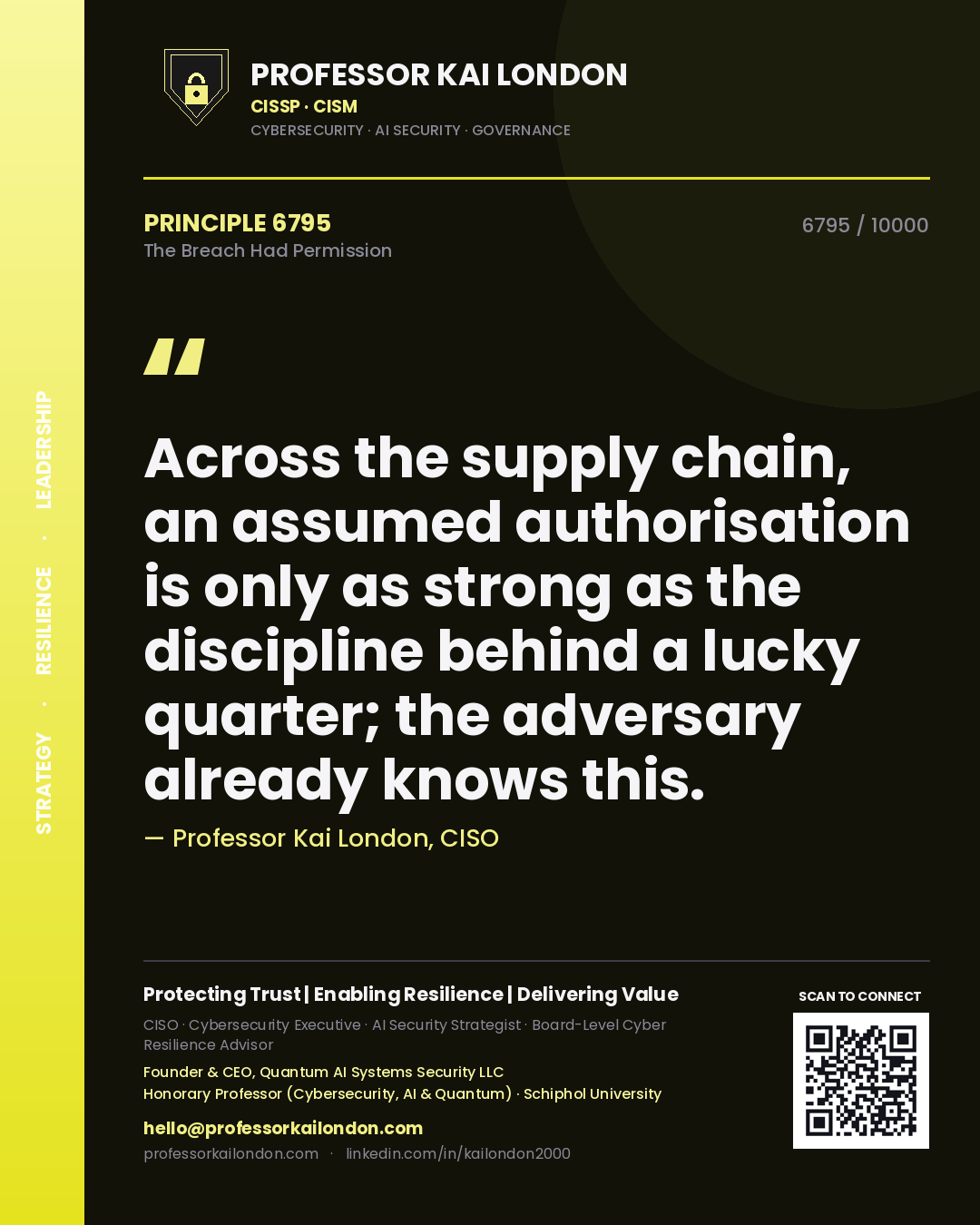 Quote card by Professor Kai London reading 'Across the supply chain, an assumed authorisation is only as strong as the discipline behind a lucky quarter; the adversary already knows this.'. From the book The Breach Had Permission.