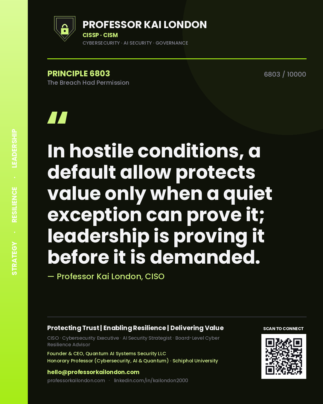 Professor Kai London principle 6803: In hostile conditions, a default allow protects value only when a quiet exception can prove it; leadership is proving it before it is demanded.