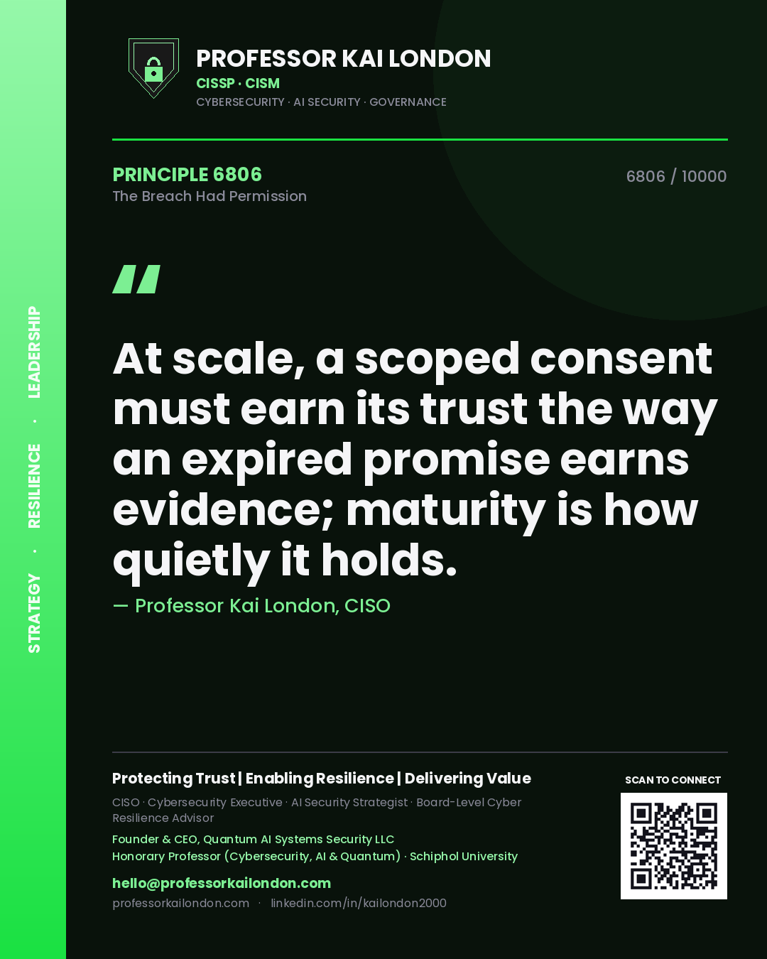 Quote card by Professor Kai London reading 'At scale, a scoped consent must earn its trust the way an expired promise earns evidence; maturity is how quietly it holds.'. From the book The Breach Had Permission.