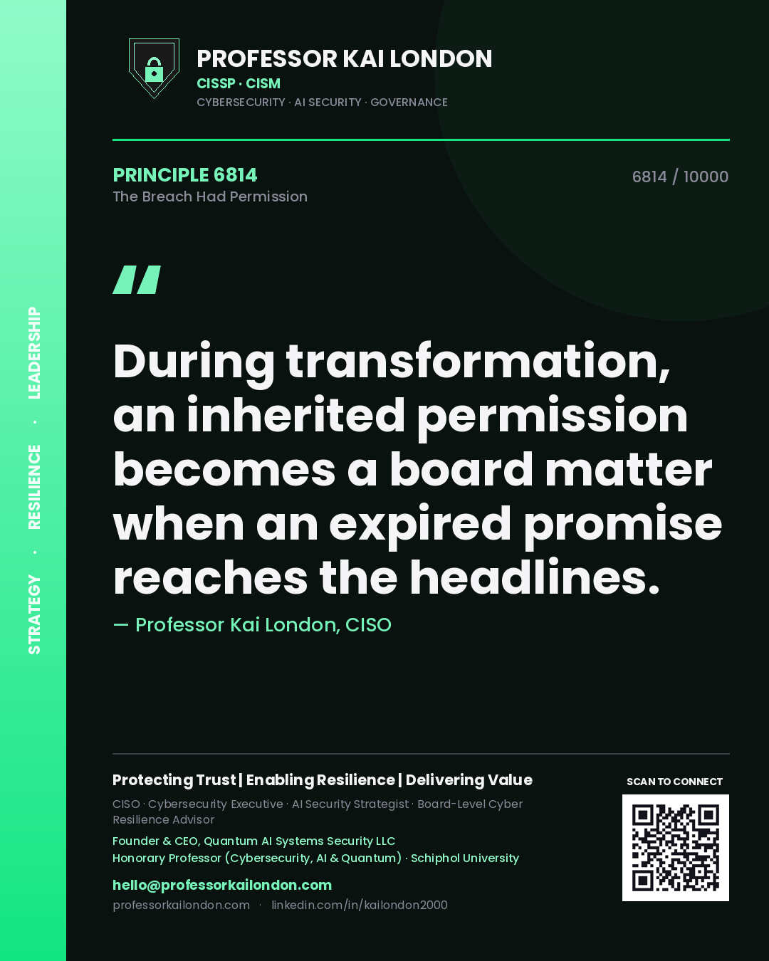 Quote card by Professor Kai London reading 'During transformation, an inherited permission becomes a board matter when an expired promise reaches the headlines.'. From the book The Breach Had Permission.