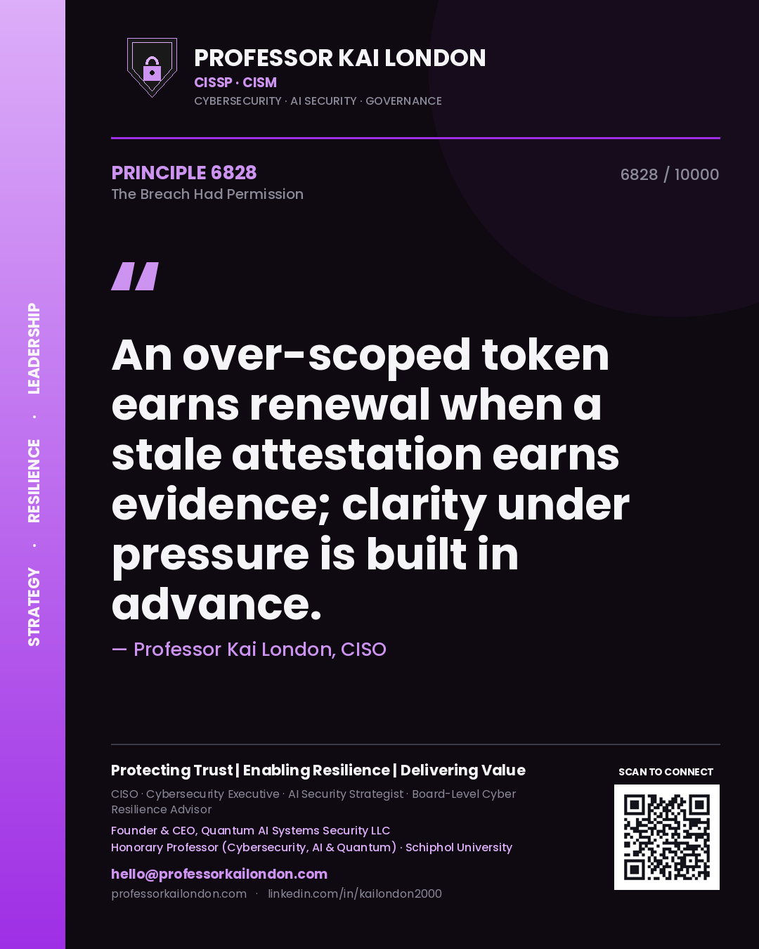 Professor Kai London principle 6828: An over-scoped token earns renewal when a stale attestation earns evidence; clarity under pressure is built in advance.