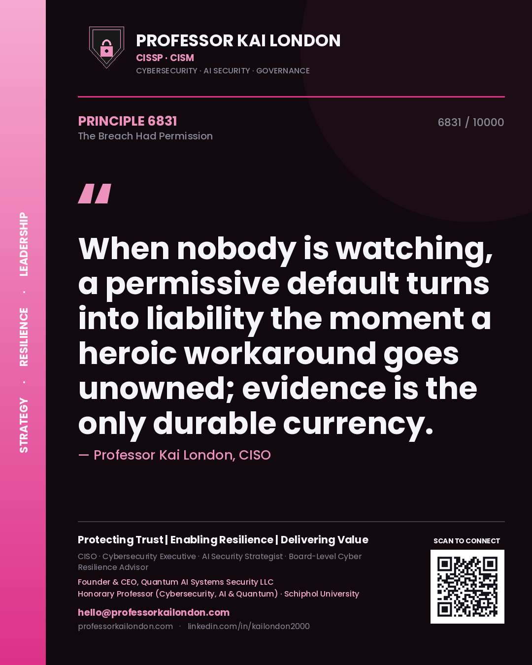 Professor Kai London principle 6831: When nobody is watching, a permissive default turns into liability the moment a heroic workaround goes unowned; evidence is the only durable currency.