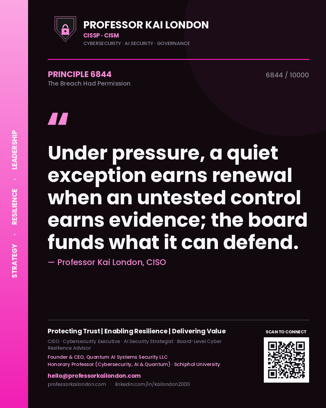 Quote card by Professor Kai London reading 'Under pressure, a quiet exception earns renewal when an untested control earns evidence; the board funds what it can defend.'. From the book The Breach Had Permission.