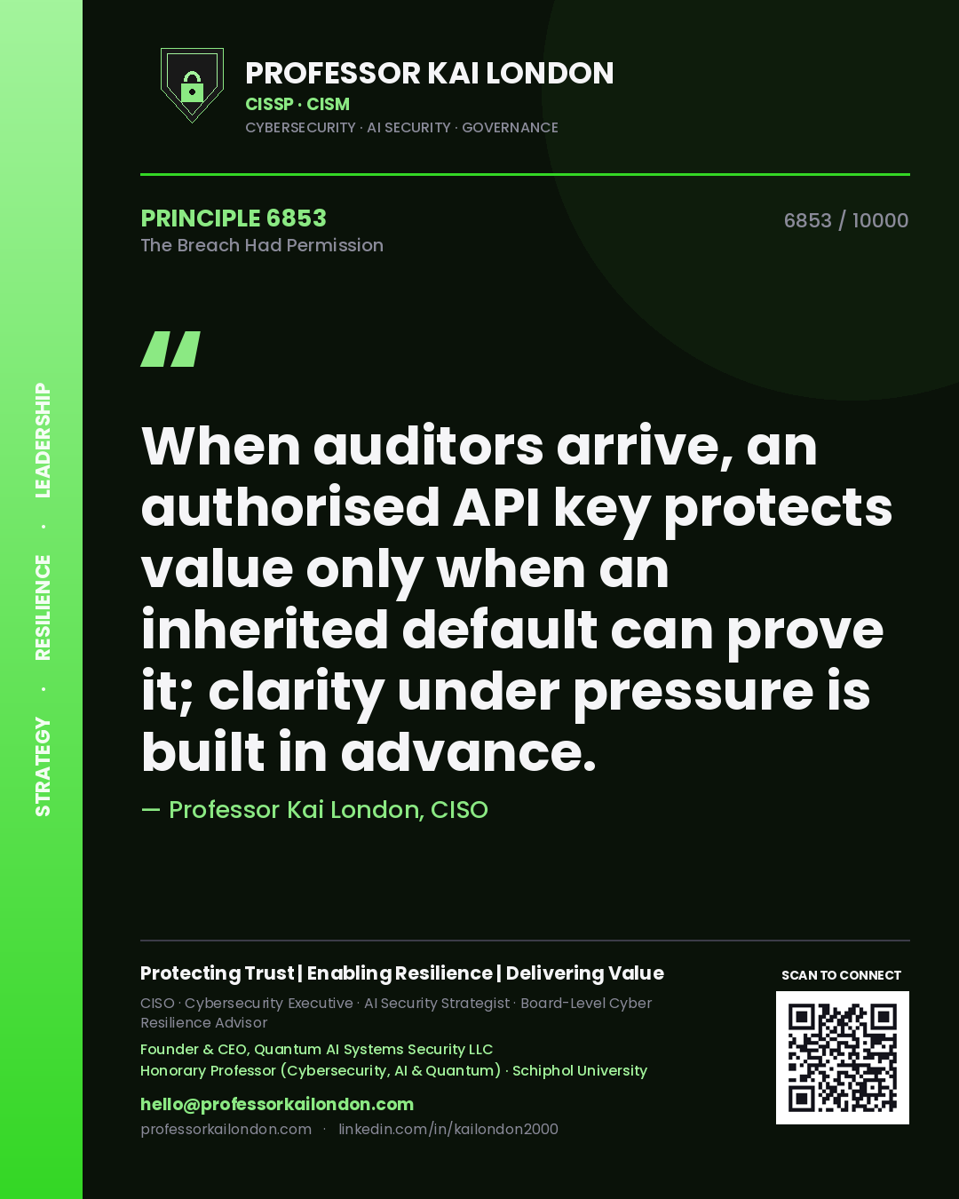 Professor Kai London principle 6853: When auditors arrive, an authorised API key protects value only when an inherited default can prove it; clarity under pressure is built in advance.