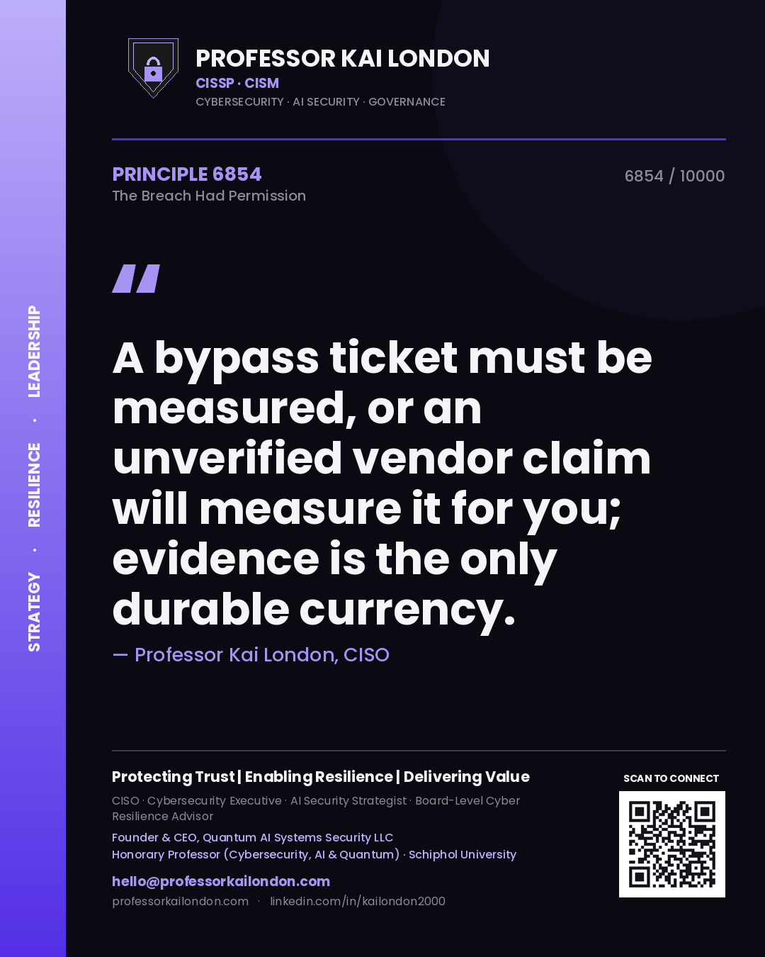 Professor Kai London principle 6854: A bypass ticket must be measured, or an unverified vendor claim will measure it for you; evidence is the only durable currency.