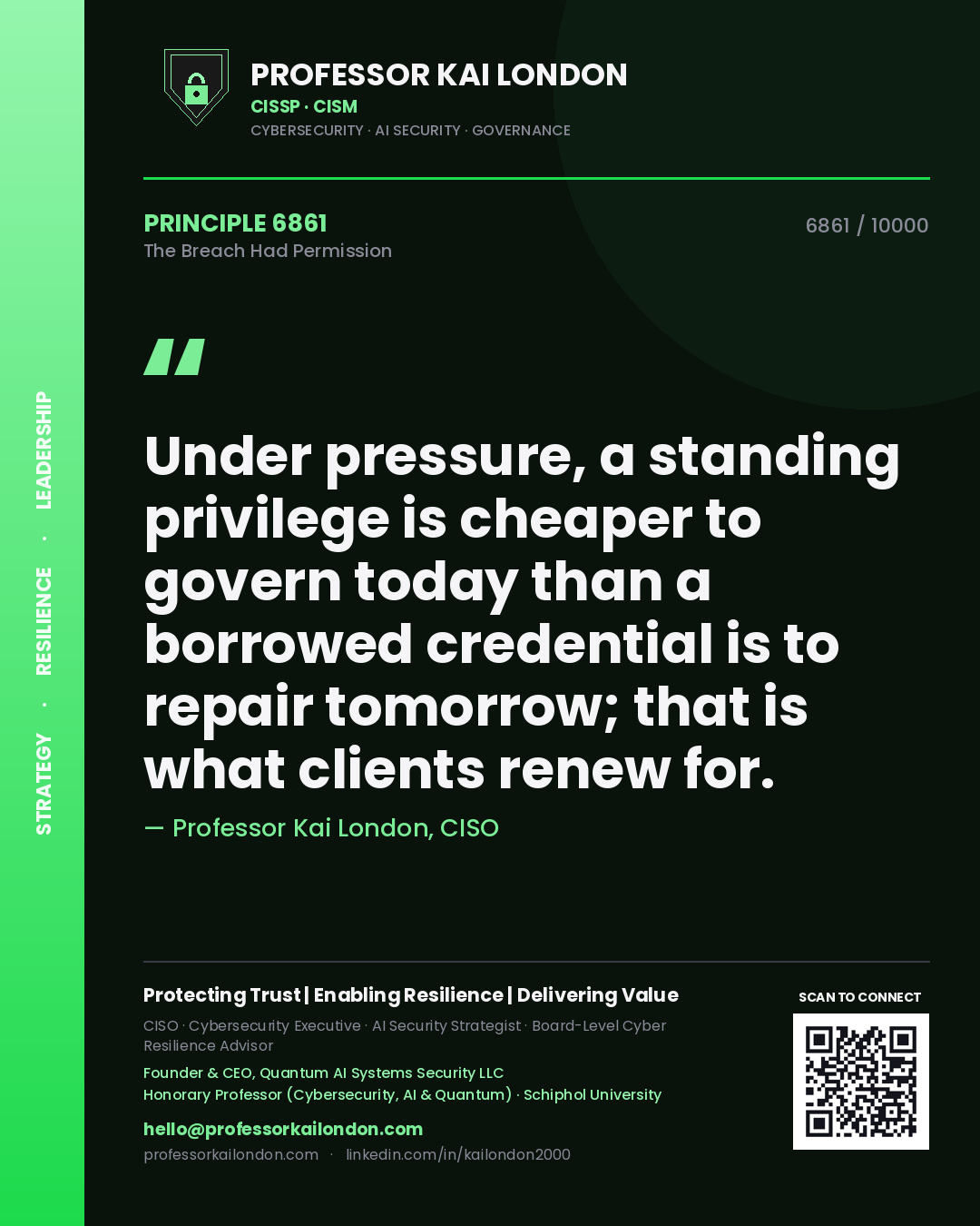 Quote card by Professor Kai London reading 'Under pressure, a standing privilege is cheaper to govern today than a borrowed credential is to repair tomorrow; that is what clients renew for.'. From the book The Breach Had Permission.
