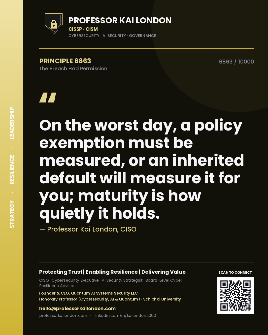Quote card by Professor Kai London reading 'On the worst day, a policy exemption must be measured, or an inherited default will measure it for you; maturity is how quietly it holds.'. From the book The Breach Had Permission.