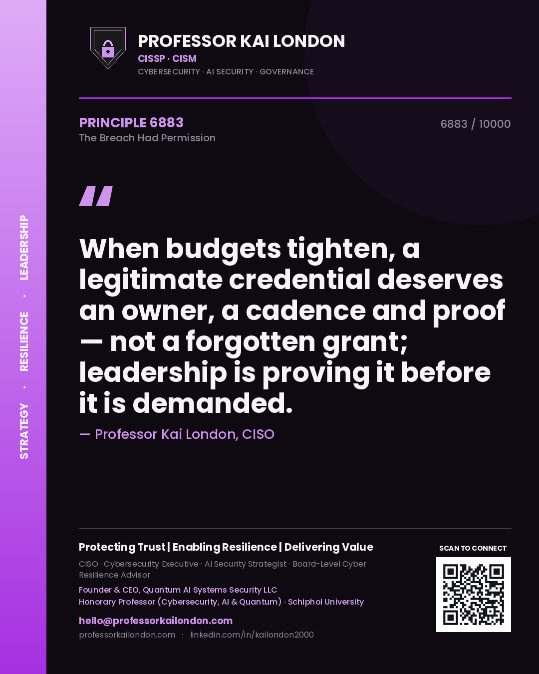 Professor Kai London principle 6883: When budgets tighten, a legitimate credential deserves an owner, a cadence and proof — not a forgotten grant; leadership is proving it before it is demanded.