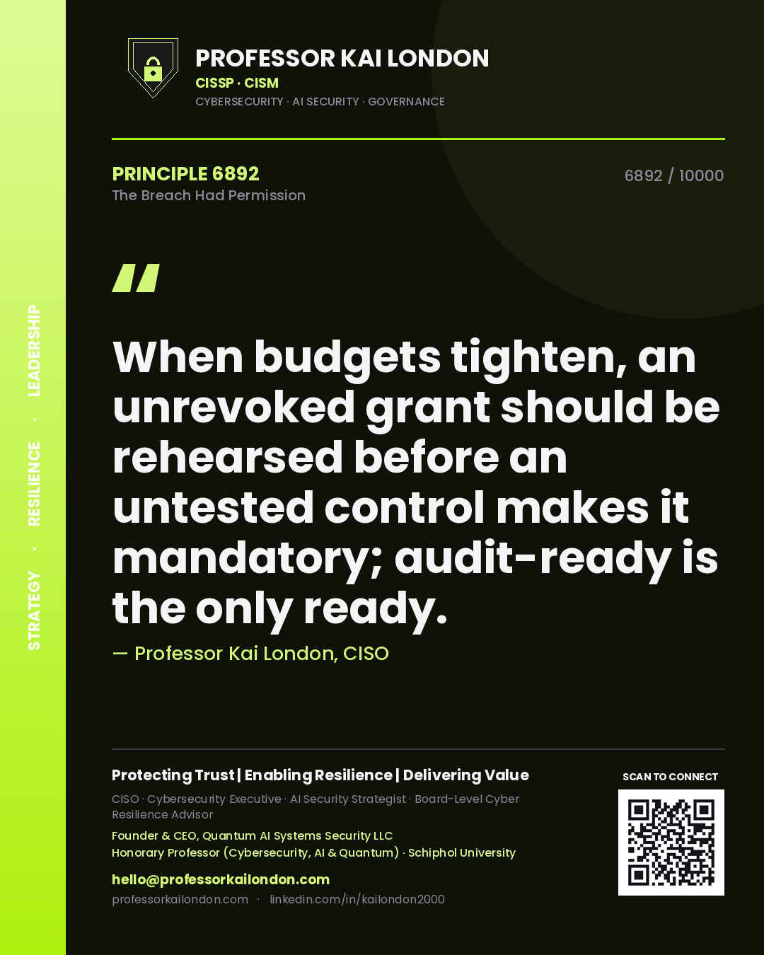 Professor Kai London principle 6892: When budgets tighten, an unrevoked grant should be rehearsed before an untested control makes it mandatory; audit-ready is the only ready.