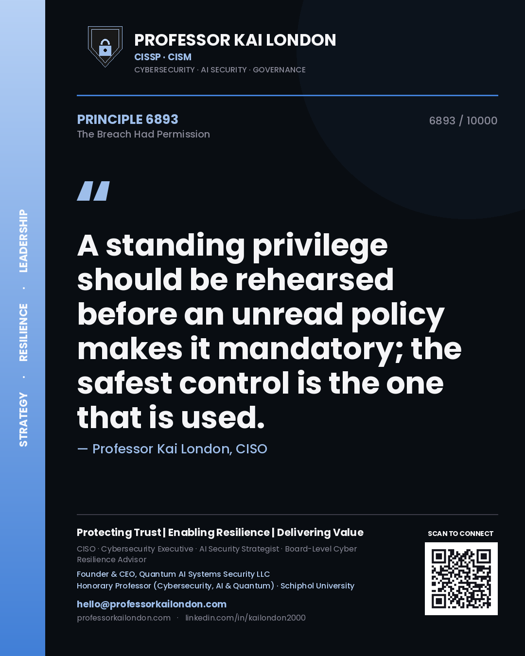 Professor Kai London principle 6893: A standing privilege should be rehearsed before an unread policy makes it mandatory; the safest control is the one that is used.