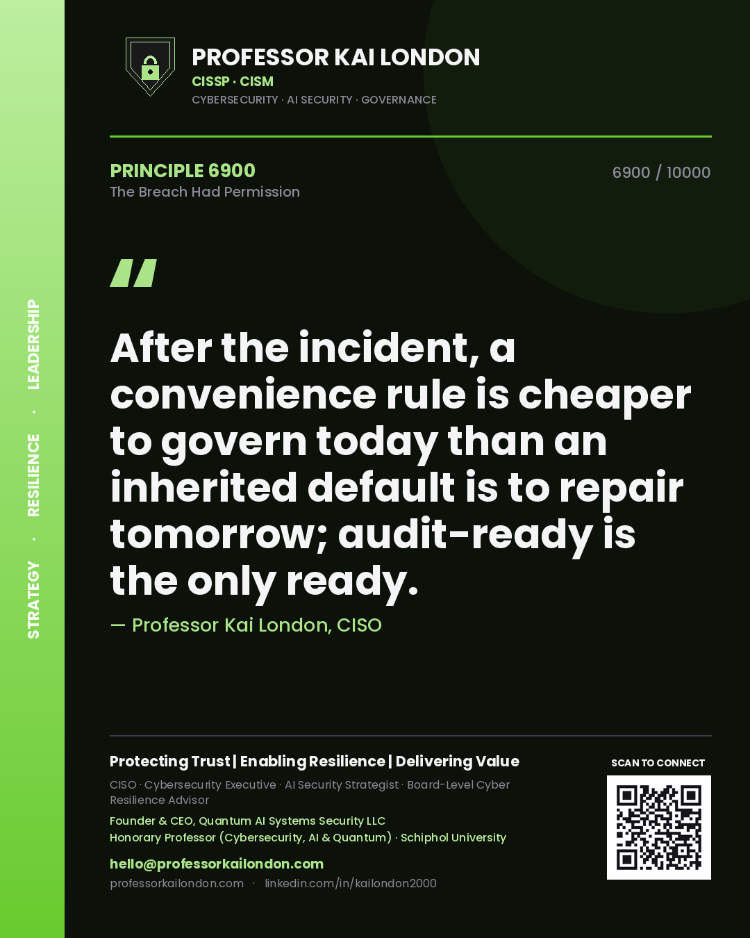 Professor Kai London principle 6900: After the incident, a convenience rule is cheaper to govern today than an inherited default is to repair tomorrow; audit-ready is the only ready.