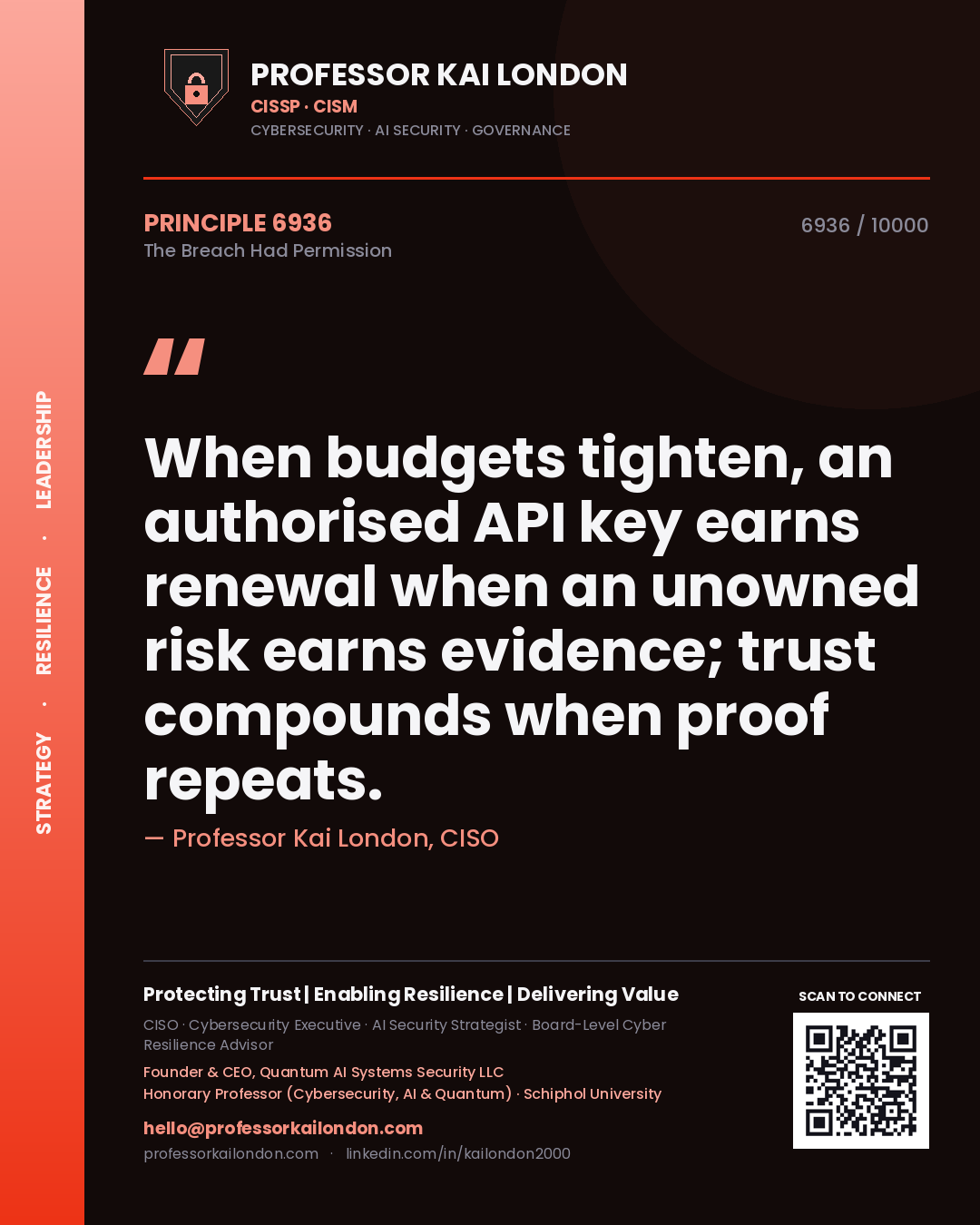 Quote card by Professor Kai London reading 'When budgets tighten, an authorised API key earns renewal when an unowned risk earns evidence; trust compounds when proof repeats.'. From the book The Breach Had Permission.