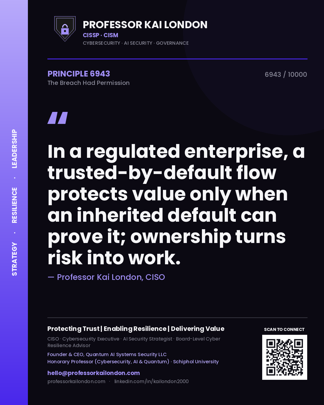 Quote card by Professor Kai London reading 'In a regulated enterprise, a trusted-by-default flow protects value only when an inherited default can prove it; ownership turns risk into work.'. From the book The Breach Had Permission.