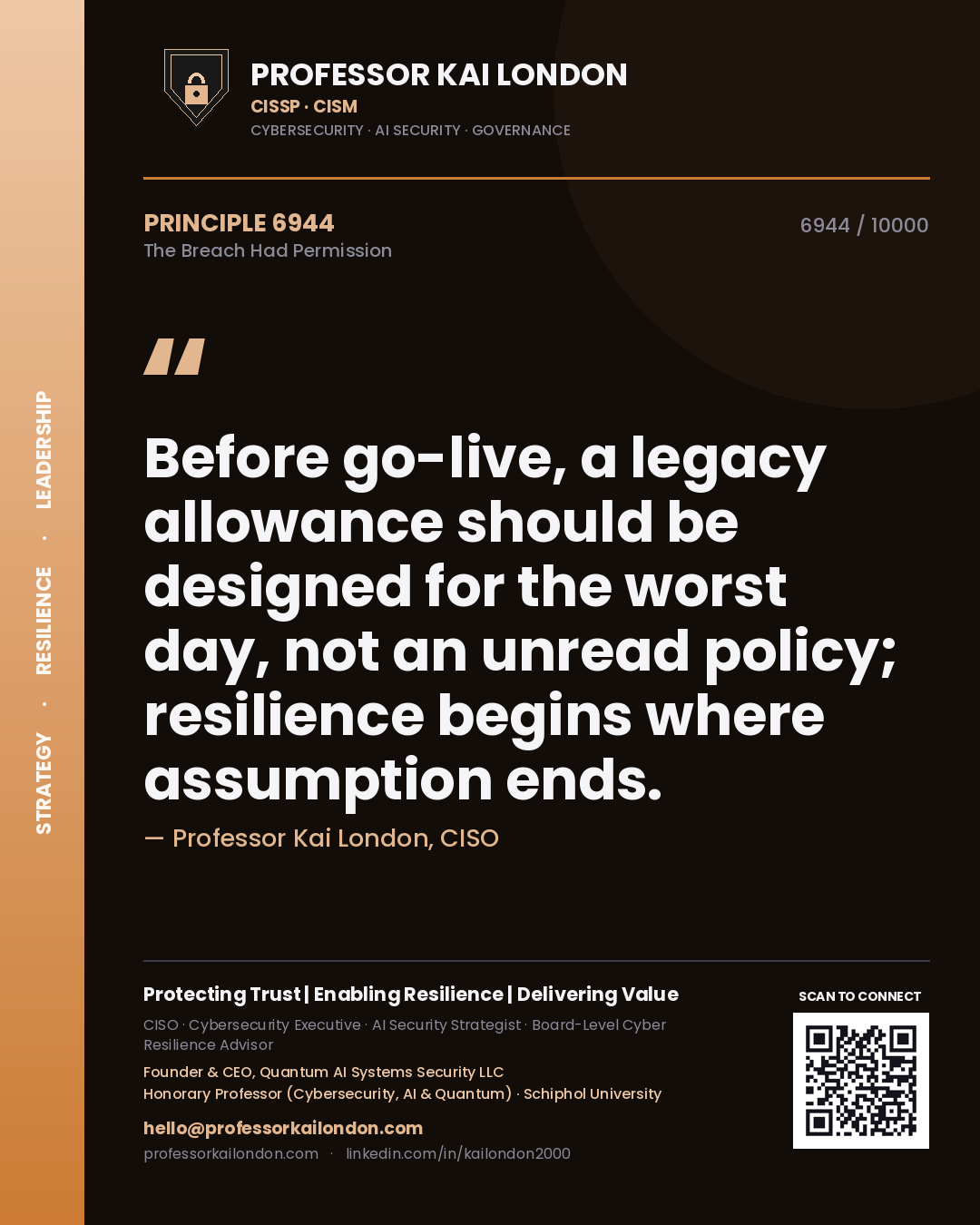 Professor Kai London principle 6944: Before go-live, a legacy allowance should be designed for the worst day, not an unread policy; resilience begins where assumption ends.