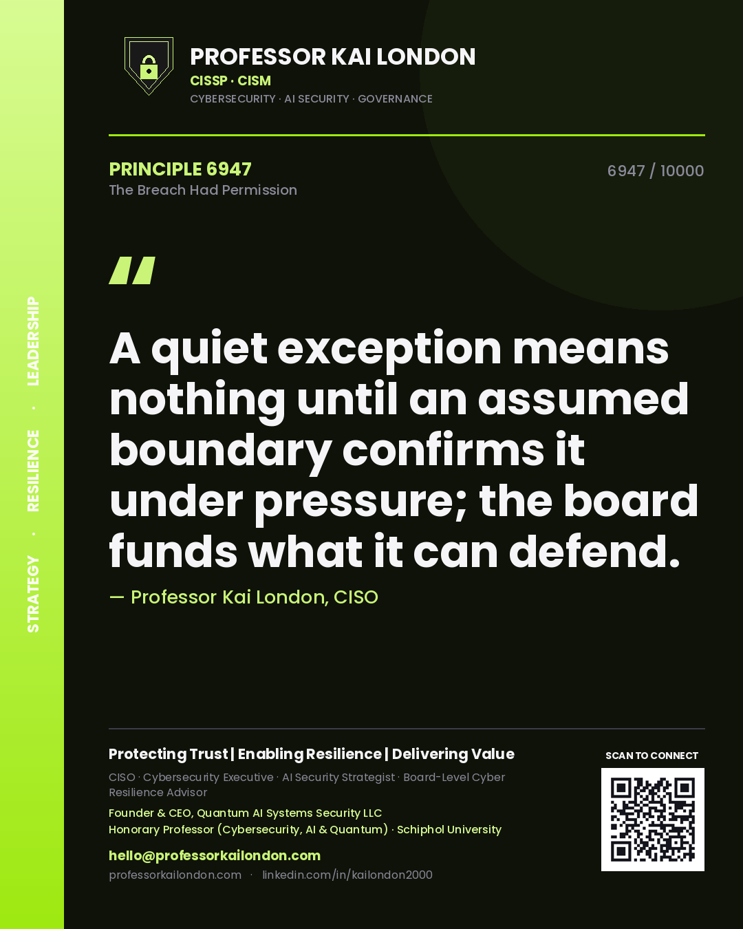 Quote card by Professor Kai London reading 'A quiet exception means nothing until an assumed boundary confirms it under pressure; the board funds what it can defend.'. From the book The Breach Had Permission.